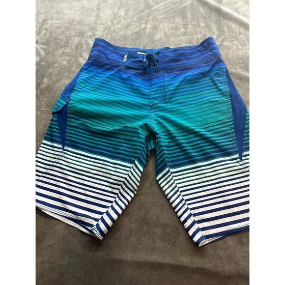 Salt Life SLX-QD Mens Board Shorts Size 28 Teal Stripe‎ Surf Swim Trunks Logo - Picture 1 of 5